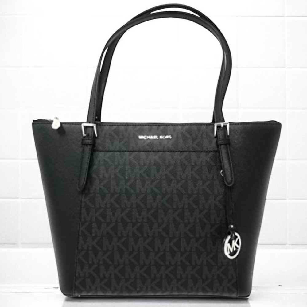 Michael Kors Ciara Large Signature MK Logo‎ Genuine Leather Top Zip Tote Handbag